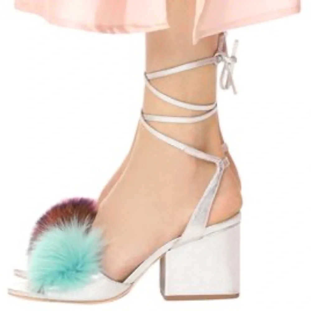 $495 NEW Loeffler Randall Nicky fur pom pom fur silver leather chunky heel 7 7.5 - Picture 2 of 10
